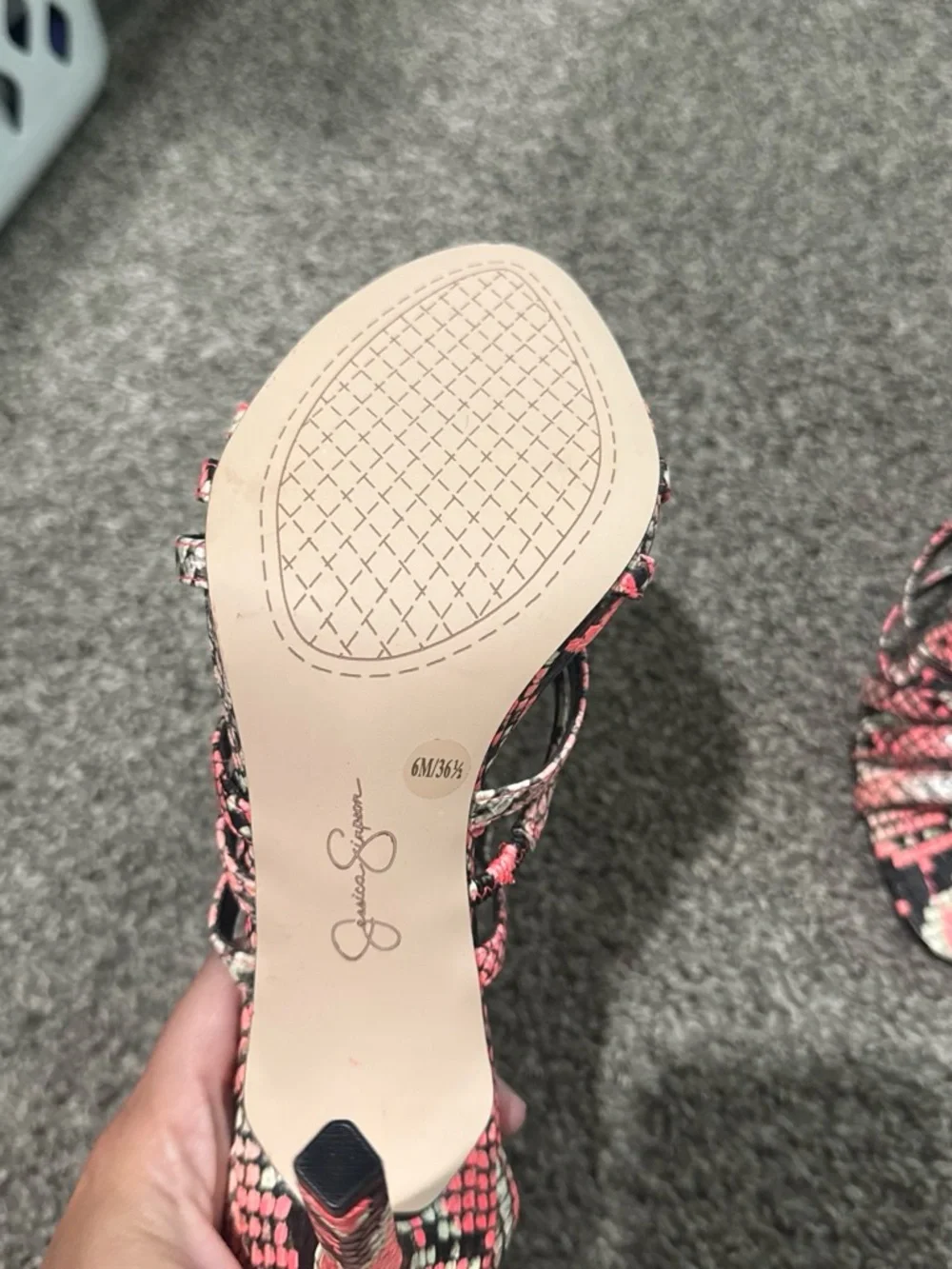 Jessica Simpson Pink & Black Snake-Print Strappy Stilettos